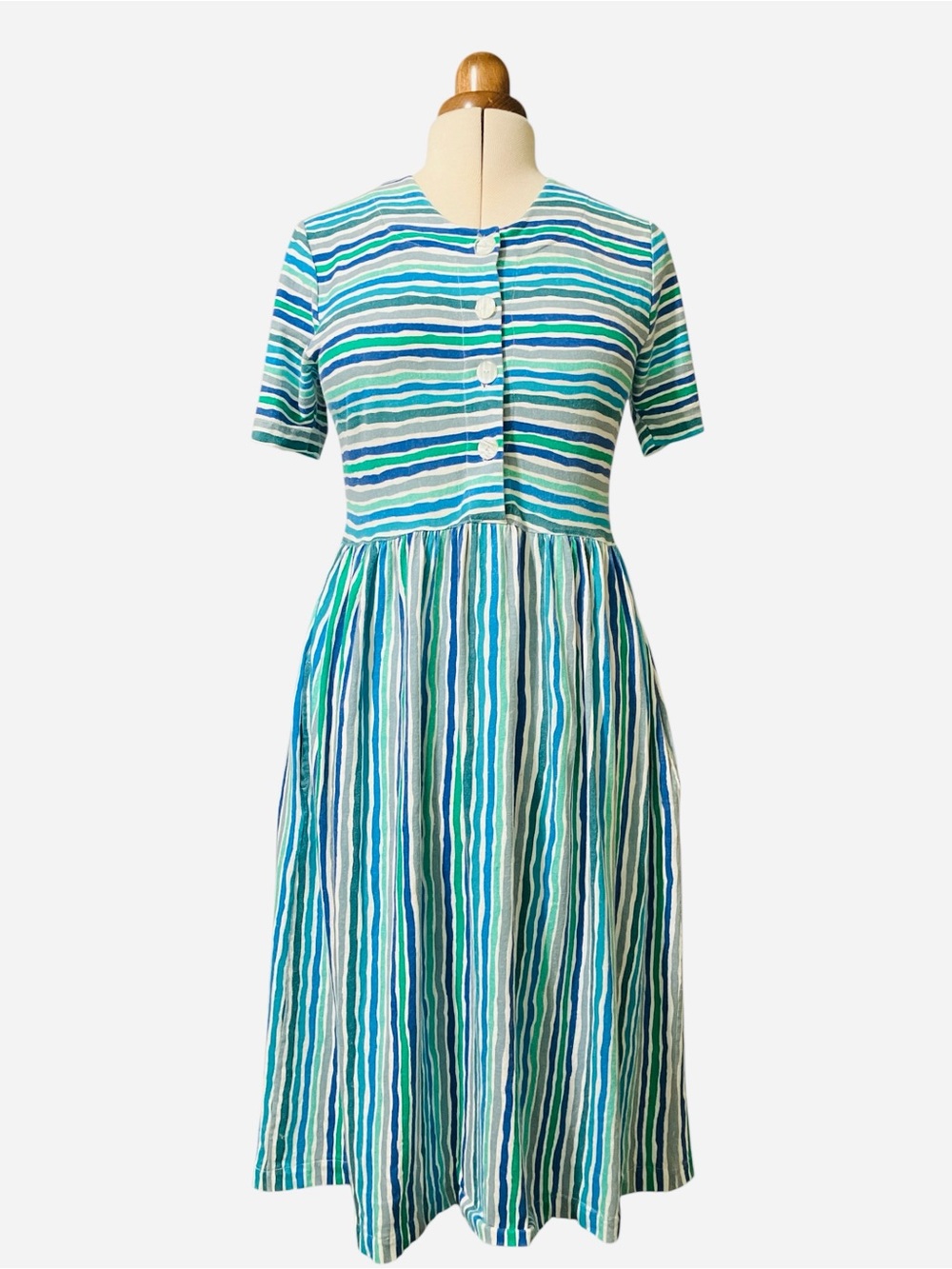 Vintage Wavy Striped Dress Size S Midi Ocean Summer Retro 80s Blue Teal